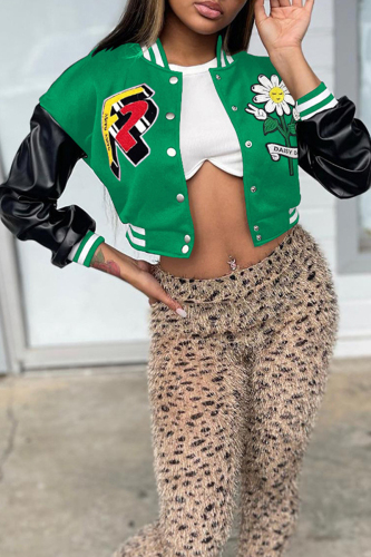Green Street Print Patchwork Buckle O Neck Outerwear