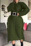 Army Green Casual Solid Tassel Patchwork O Neck Straight Dresses