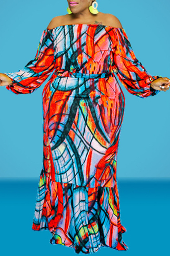Red Plus Size Casual Print Patchwork Off the Shoulder Straight Plus Size Two Pieces