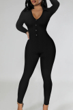 Black Sexy Solid Patchwork Buckle V Neck Skinny Jumpsuits