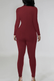 Burgundy Sexy Solid Patchwork Buckle V Neck Skinny Jumpsuits