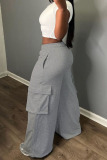 Grey Casual Solid Patchwork Pocket High Waist Wide Leg Solid Color Bottoms