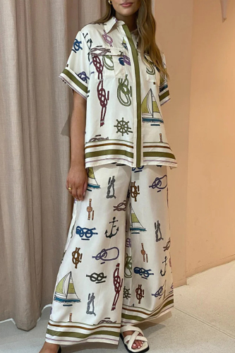 White Green Casual Print Patchwork Draw String Buttons Turndown Collar Half Sleeve Two Pieces