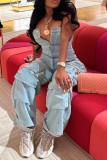 Light Blue Sexy Casual Solid Patchwork Backless Strapless Sleeveless Skinny Denim Jumpsuits