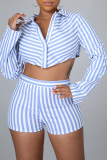 Black Casual Striped Patchwork Buttons Shirt Collar Long Sleeve Two Pieces