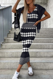 Black And White Casual Print Patchwork O Neck Long Sleeve Two Pieces