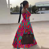 Colour Colorblock Off Shoulder Long Sleeve Crop Top with High Slit Maxi Skirt Daily Vacation Two Piece Dress