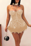 Pink Sexy Hot Drilling Patchwork See-through Feathers Beading Mesh Halter Skinny Rompers