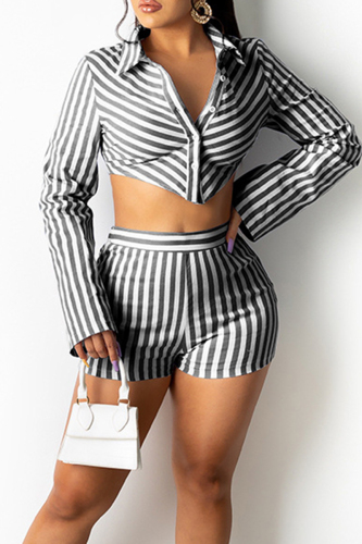 Black Casual Striped Patchwork Buttons Shirt Collar Long Sleeve Two Pieces