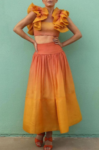 Yellow Sexy Elegant Gradual Change Appliques Printing Square Collar Two Pieces