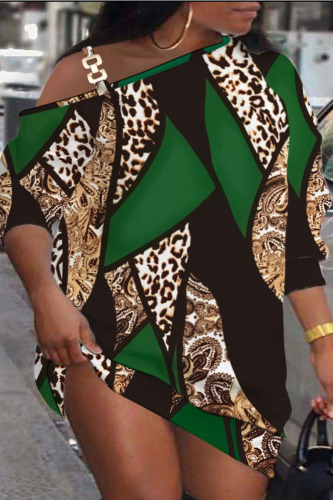 Green Casual Print Patchwork Oblique Collar Dresses