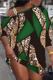 Green Casual Print Patchwork Oblique Collar Dresses