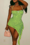 Green Sexy Street Leopard Patchwork Backless Flounce Asymmetrical Spaghetti Strap Sling Dress Dresses