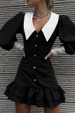 Black Celebrities Elegant Solid Buttons Turndown Collar Wrapped Skirt Dresses