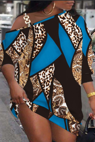 Blue Casual Print Patchwork Oblique Collar Dresses