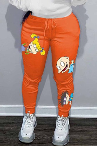 Tangerine Red Casual Character Print Patchwork Mid Waist Pencil Bottoms