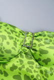 Green Sexy Street Leopard Patchwork Backless Flounce Asymmetrical Spaghetti Strap Sling Dress Dresses