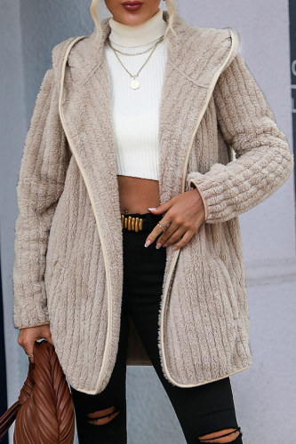 Light Coffee Casual Street Solid Patchwork Draw String Hooded Collar Outerwear