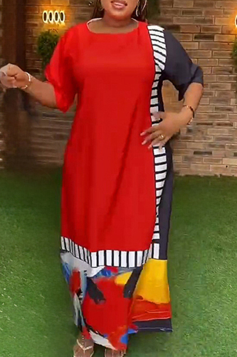 Red Casual Striped Color Block Patchwork O Neck Long Dress Plus Size Dresses