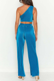 Blue Sexy Simplicity Solid Oblique Collar Sleeveless Two Pieces