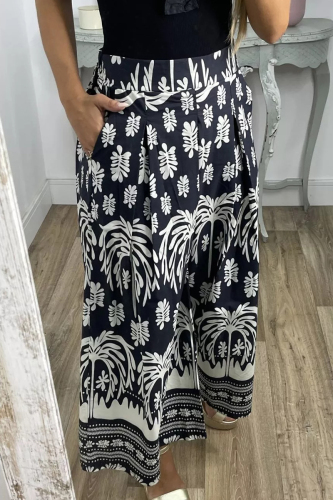 Black Casual Print Contrast Loose Wide Leg Full Print Bottoms