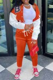 Orange Casual Print Letter Mandarin Collar Long Sleeve Two Pieces