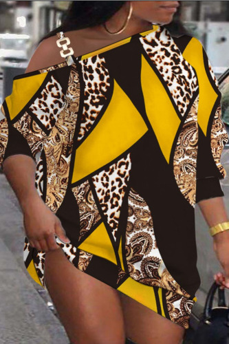 Yellow Casual Print Patchwork Oblique Collar Dresses