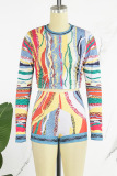 Rainbow Color Casual Color Block Patchwork Printing Contrast O Neck Long Sleeve Two Pieces