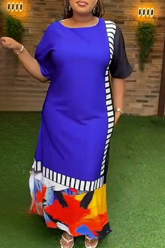 Blue Casual Striped Color Block Patchwork O Neck Long Dress Plus Size Dresses