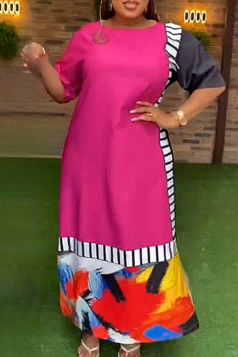 Rose Red Casual Striped Color Block Patchwork O Neck Long Dress Plus Size Dresses