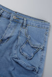 Blue Sexy Street Solid Patchwork Pocket Buttons Zipper Mid Waist Skinny Denim Skirts
