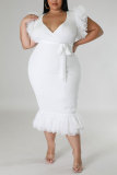 White Party Elegant Patchwork Print Bandage Patchwork Mesh V Neck Trumpet Mermaid Dresses