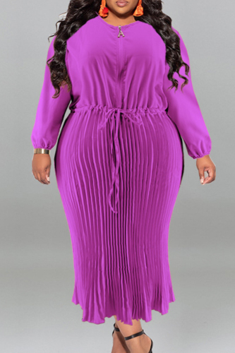 Fuchsia Casual Street Solid Patchwork Draw String Zipper Pleated O Neck Long Sleeve Plus Size Dresses