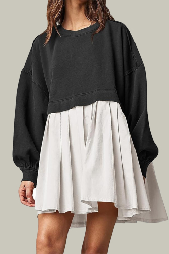 Black Casual Solid Patchwork Contrast O Neck Pleated Dresses
