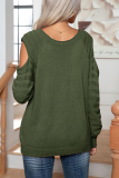 Army Green Casual Solid Buttons O Neck Tops