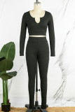 Black Casual Solid Basic U Neck Long Sleeve Two Pieces
