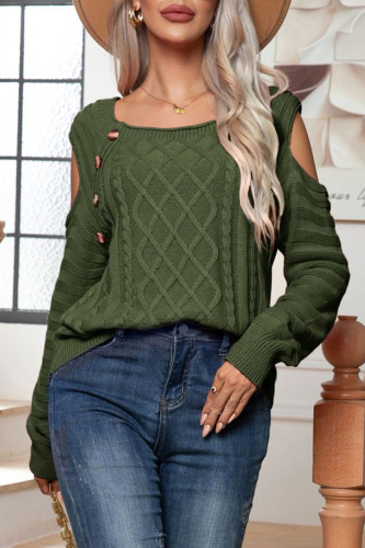 Army Green Casual Solid Buttons O Neck Tops