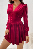 Burgundy Sexy Party Solid Fold V Neck Waist Skirt Dresses