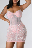 Pink Celebrities Elegant Hot Drilling Patchwork Beading Mesh Spaghetti Strap Wrapped Skirt Dresses