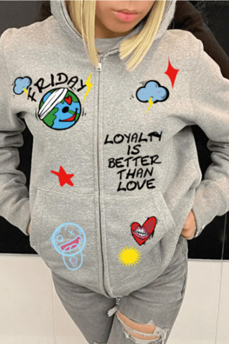 Light Gray Casual Street Print Patchwork Pocket Zipper Hooded Collar Tops