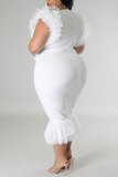 White Party Elegant Patchwork Print Bandage Patchwork Mesh V Neck Trumpet Mermaid Dresses