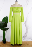 Green Yellow Casual Elegant Simplicity Slit Fold Solid Color Off the Shoulder Long Sleeve Two Pieces
