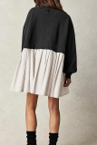 Black Casual Solid Patchwork Contrast O Neck Pleated Dresses
