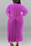 Fuchsia Casual Street Solid Patchwork Draw String Zipper Pleated O Neck Long Sleeve Plus Size Dresses