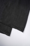 Dark Blue Casual Solid Frenulum With Belt High Waist Regular Denim Jeans