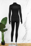 Black Casual Solid Hollowed Out Half A Turtleneck Long Sleeve Two Pieces