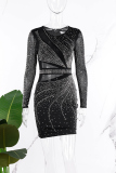 Black Sexy Patchwork Hot Drilling See-through O Neck Long Sleeve Dresses