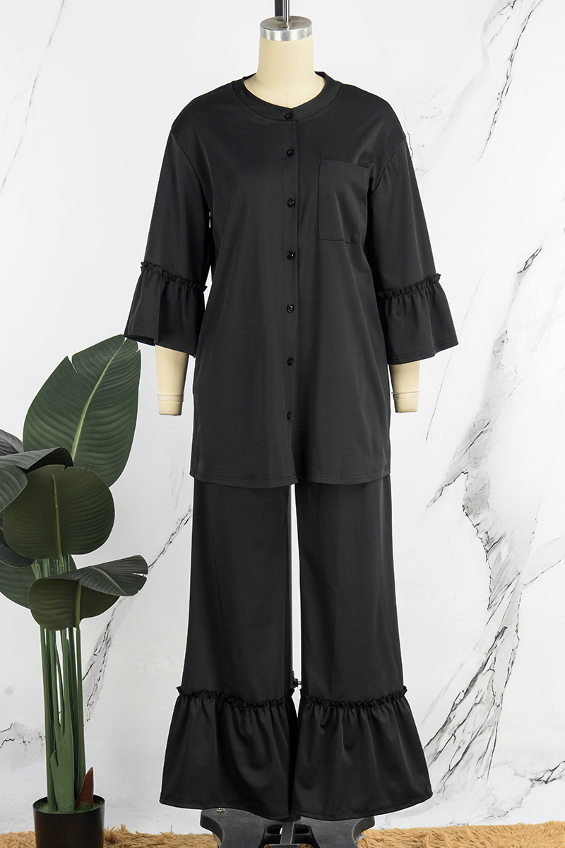 HS6486 Simple Cardigan with Wide-leg Pants, Solid Color Daily Two-piece Suit