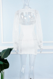 White Sexy Solid Bandage Hollowed Out See-through Backless O Neck Long Sleeve Two Pieces