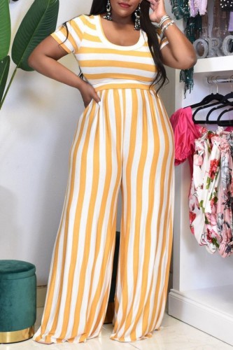 Yellow Casual Striped Print Patchwork O Neck Plus Size Two Pieces